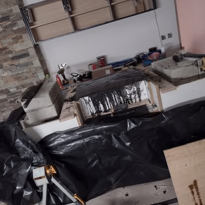 Concrete hearth being cast in the workshop