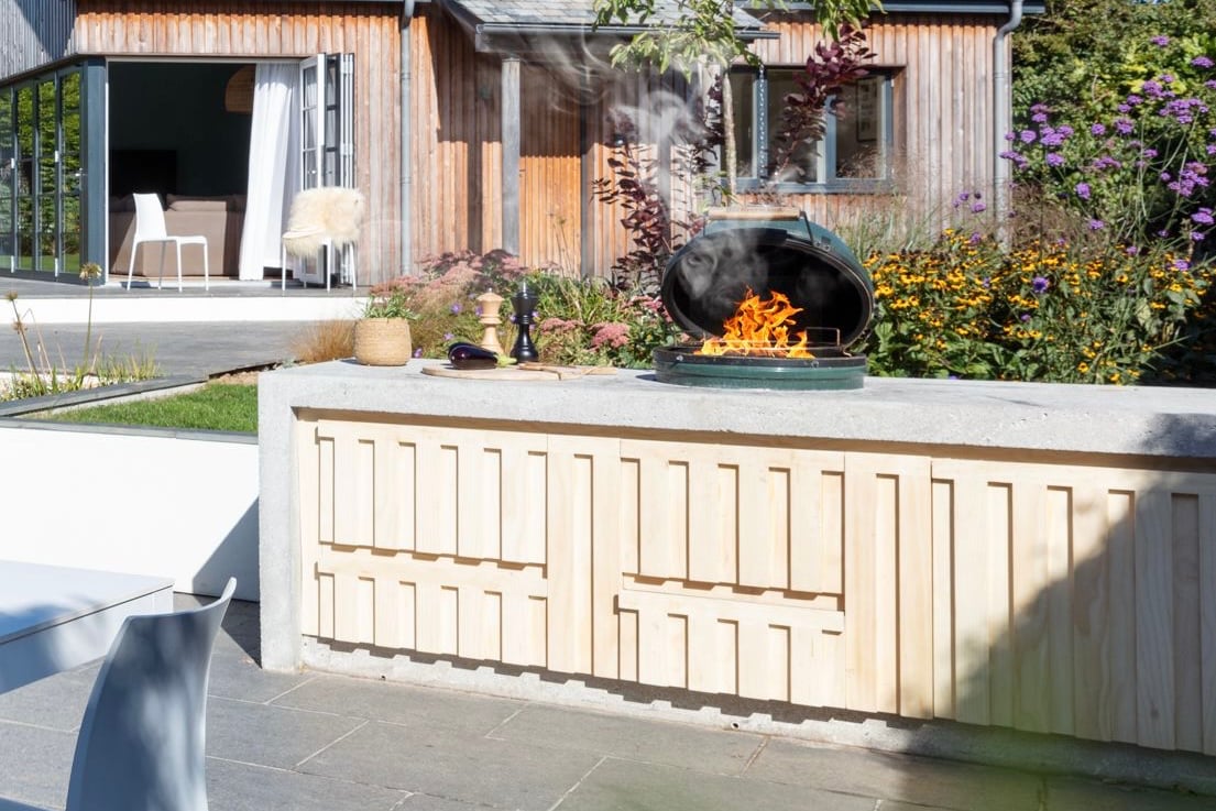 Polished cast concrete outdoor kitchen worktop